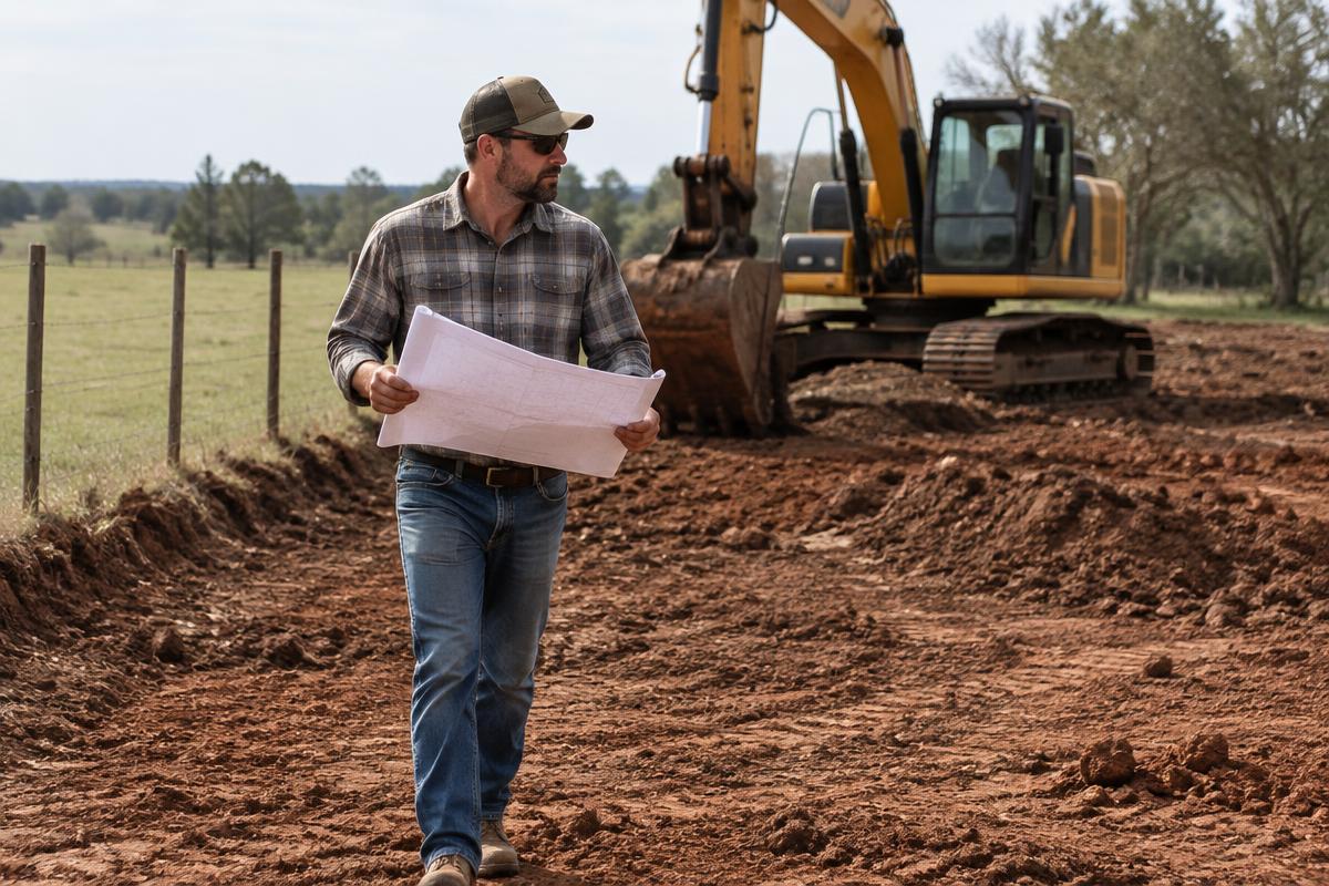 Excavation contractor reviewing a site plan on a rural Bowie, Texas property