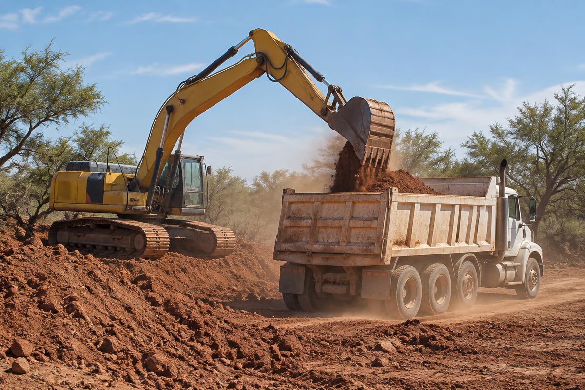 Excavator loading red clay into a dump truck on a ranch near Bowie, Texas
