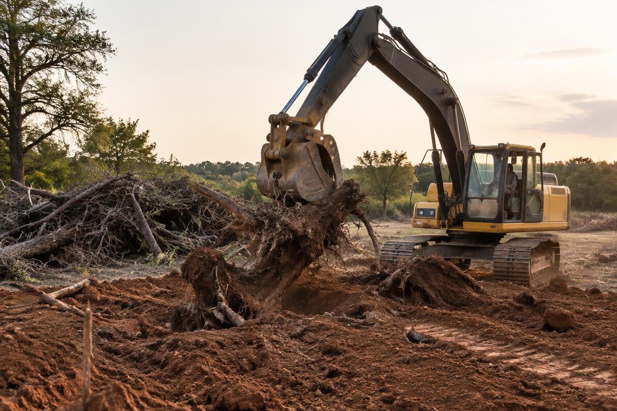 Excavator pulling stumps and roots from cleared land before grading near Bowie, Texas