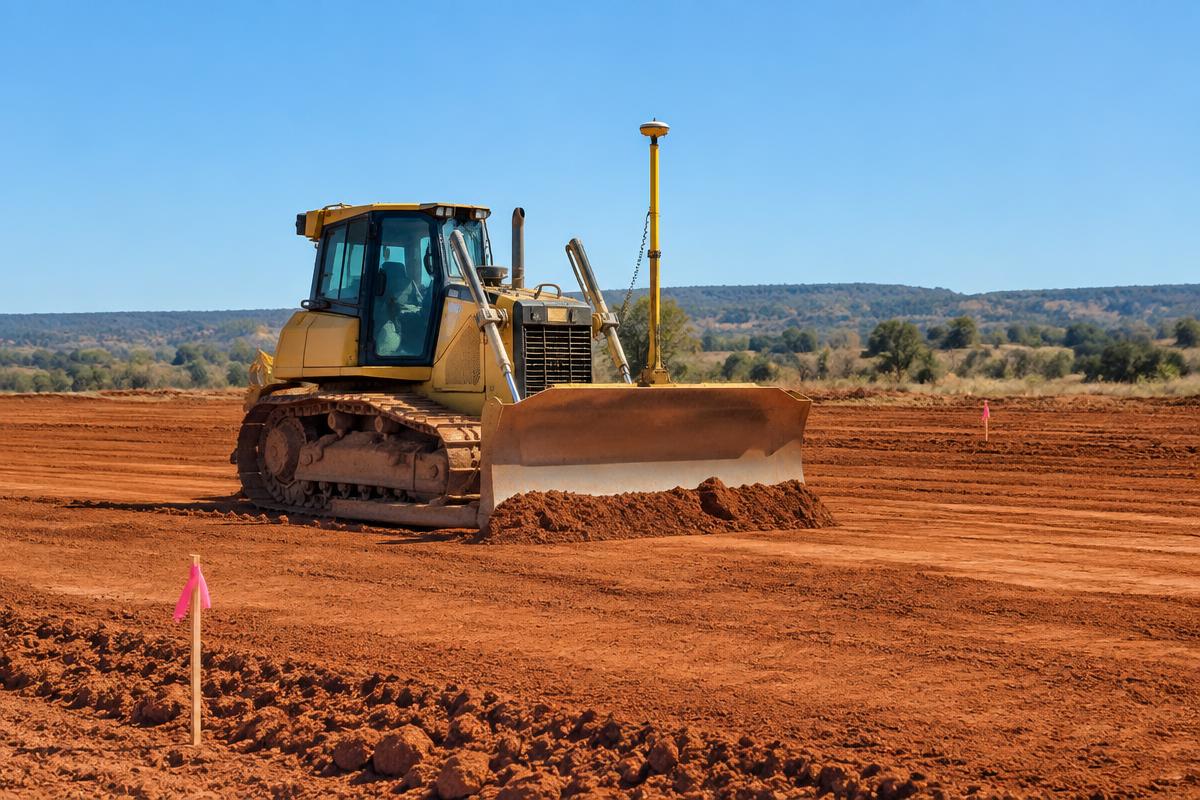 GPS-guided bulldozer fine-grading a building pad on a Montague County ranch