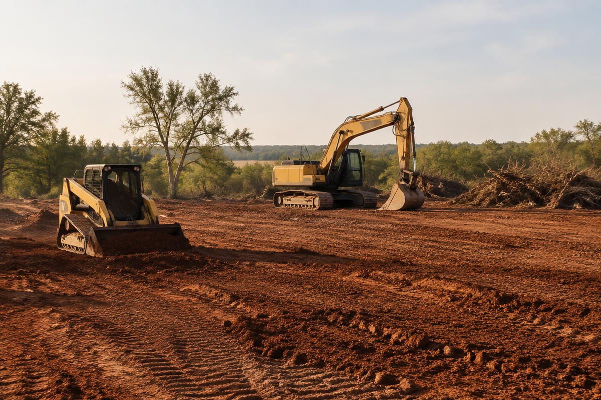 Excavator and skid steer rough-grading cleared ranch land near Nocona, Texas