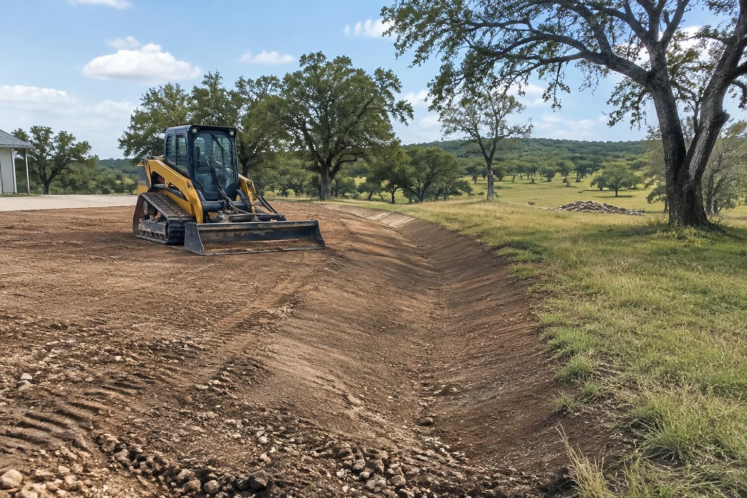 Generated illustration of a compact track loader shaping a drainage swale