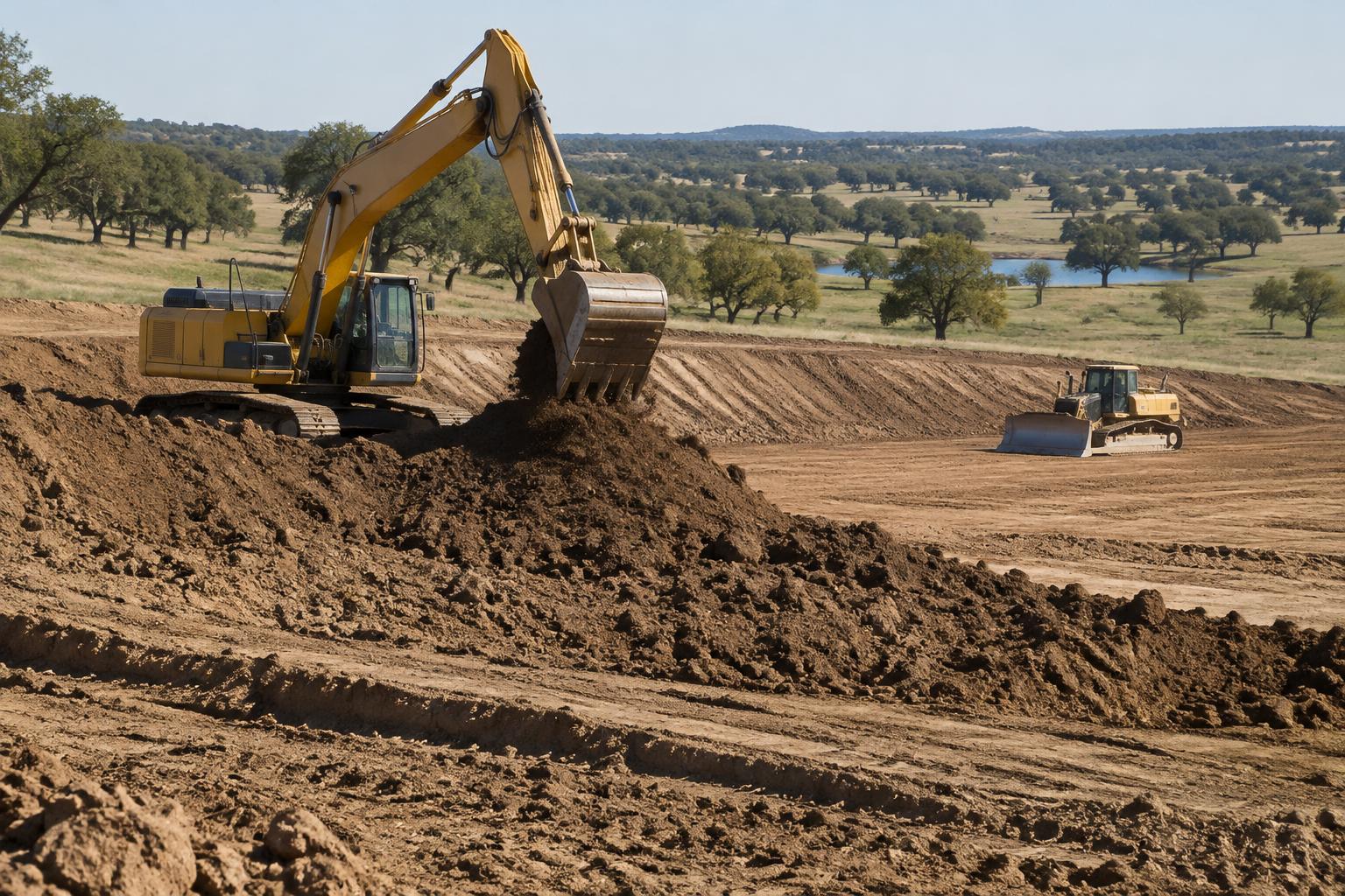 Generated illustration of an excavator and bulldozer performing cut-and-fill grading
