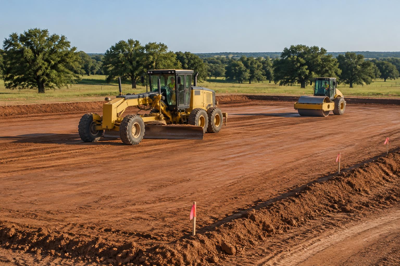 Generated illustration of a motor grader and roller finishing and compacting a building pad